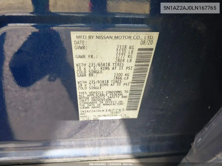 5N1AZ2AJ0LN167765 2020 Nissan Murano S Fwd