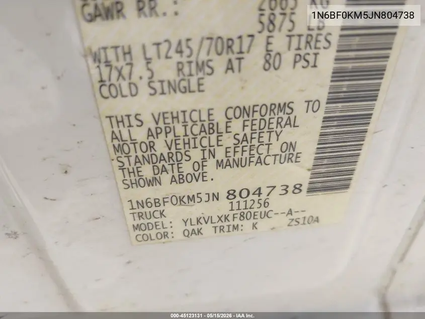 2018 Nissan Nv Cargo Nv1500 Sv V6 VIN: 1N6BF0KM5JN804738 Lot: 45123131