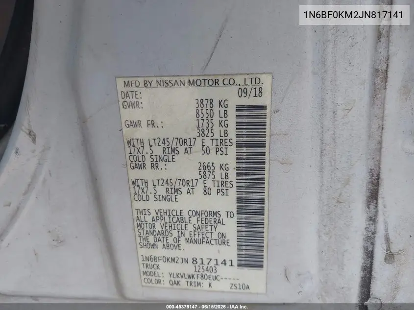 2018 Nissan Nv Cargo Nv1500 S V6 VIN: 1N6BF0KM2JN817141 Lot: 45379147