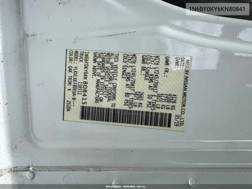 2019 Nissan Nv VIN: 1N6BF0KY6KN80841 Lot: 45243454