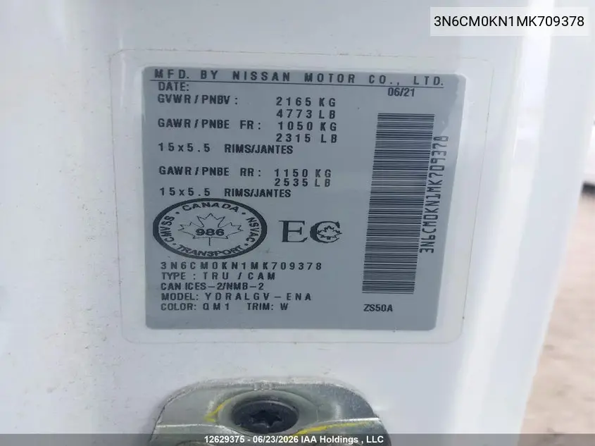 2021 Nissan Nv200 S/Sv VIN: 3N6CM0KN1MK709378 Lot: 12629375x