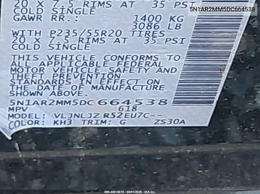 5N1AR2MM5DC664538 2013 Nissan Pathfinder Platinum