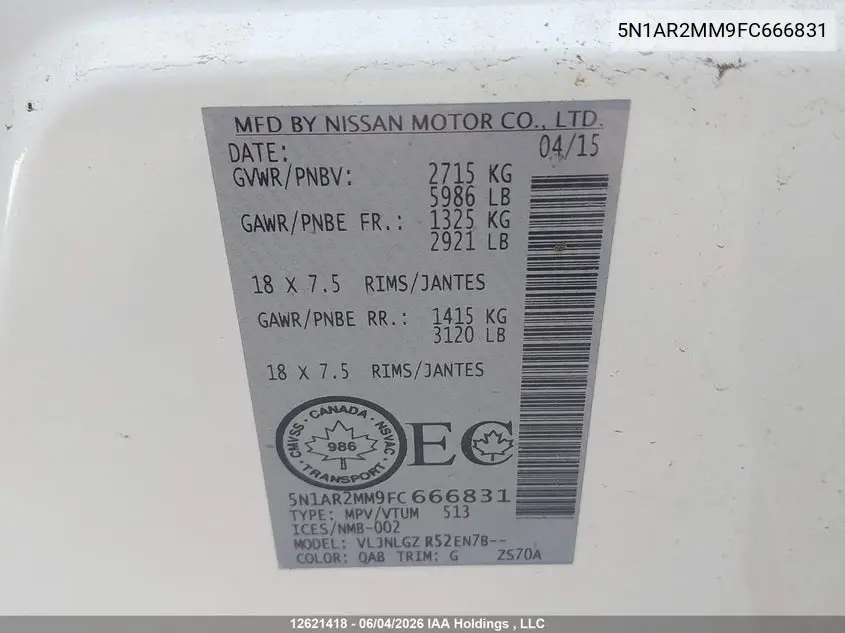 2015 Nissan Pathfinder S/Sv/Sl/Platinum VIN: 5N1AR2MM9FC666831 Lot: 12621418