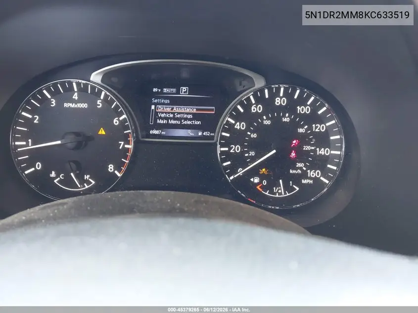 2019 Nissan Pathfinder Sl VIN: 5N1DR2MM8KC633519 Lot: 45379265