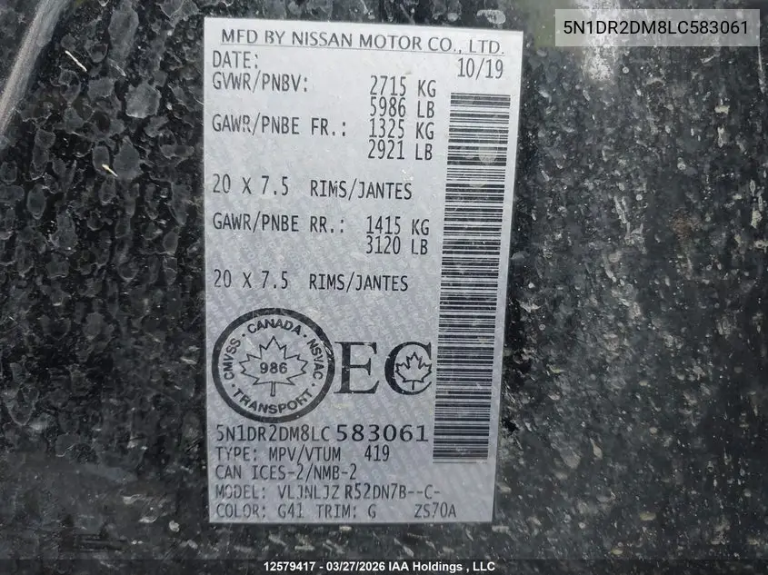 2020 Nissan Pathfinder Platinum VIN: 5N1DR2DM8LC583061 Lot: 12579417x