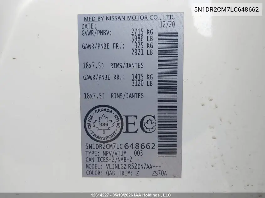 2020 Nissan Pathfinder Sl VIN: 5N1DR2CM7LC648662 Lot: 12614227