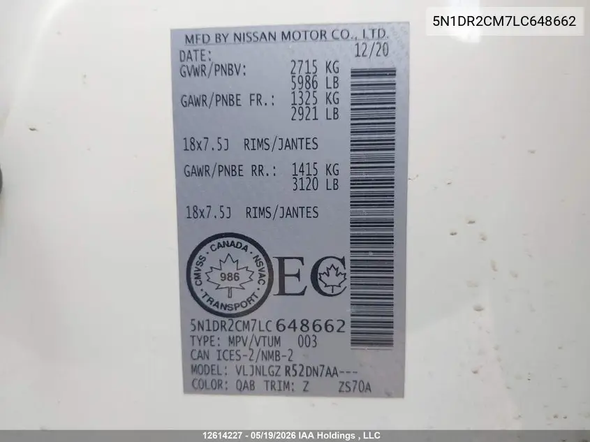2020 Nissan Pathfinder Sl VIN: 5N1DR2CM7LC648662 Lot: 12614227