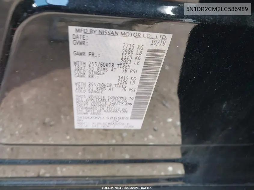2020 Nissan Pathfinder Sl 4Wd VIN: 5N1DR2CM2LC586989 Lot: 45287364