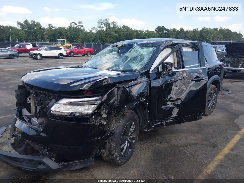 2022 Nissan Pathfinder S 2Wd VIN: 5N1DR3AA6NC247833 Lot: 45335241