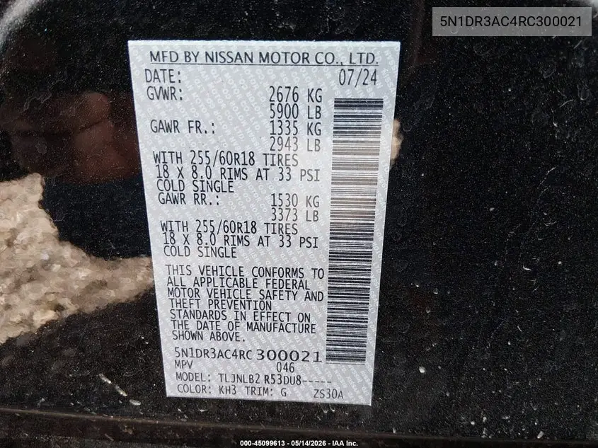 2024 Nissan Pathfinder S 4Wd VIN: 5N1DR3AC4RC300021 Lot: 45099613