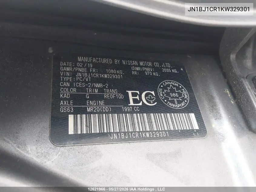 2019 Nissan Qashqai VIN: JN1BJ1CR1KW329301 Lot: 12621966