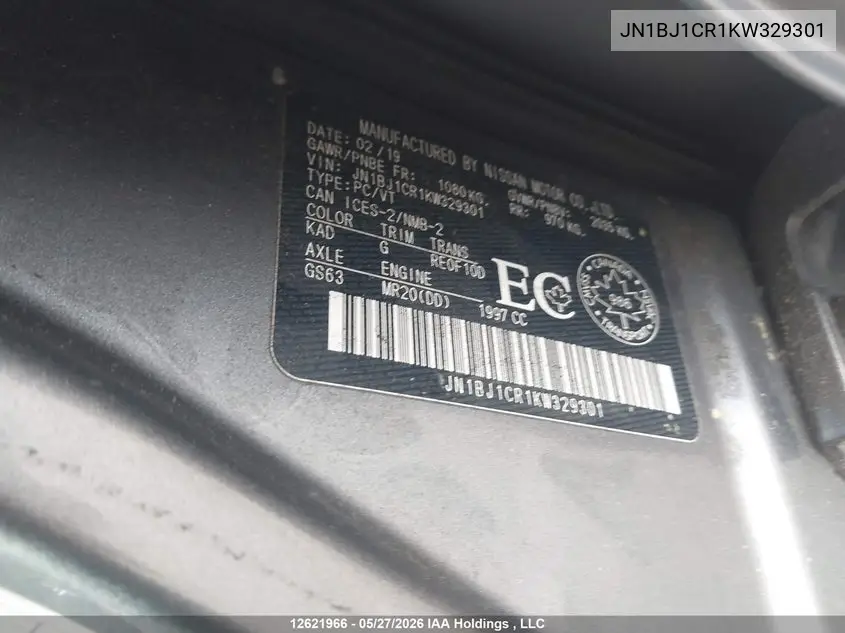 2019 Nissan Qashqai VIN: JN1BJ1CR1KW329301 Lot: 12621966