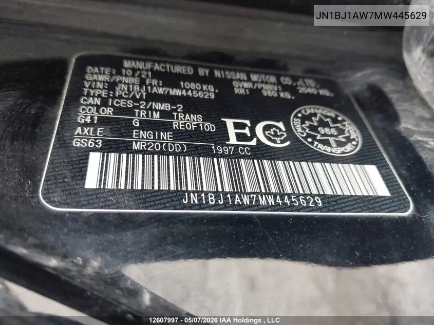 2021 Nissan Qashqai S VIN: JN1BJ1AW7MW445629 Lot: 12607997