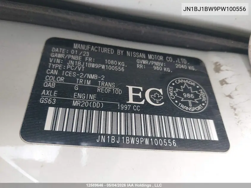 2023 Nissan Qashqai Sl/Sv VIN: JN1BJ1BW9PW100556 Lot: 12589646
