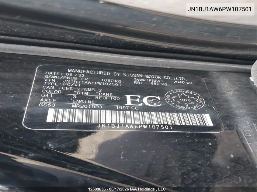 2023 Nissan Qashqai VIN: JN1BJ1AW6PW107501 Lot: 12599636