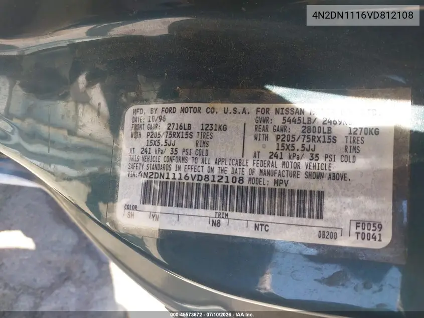 1997 Nissan Quest Gxe/Xe VIN: 4N2DN1116VD812108 Lot: 45573672