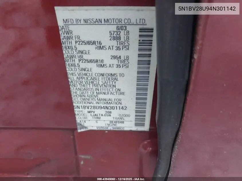 5N1BV28U94N301142 2004 Nissan Quest 3.5 Sl