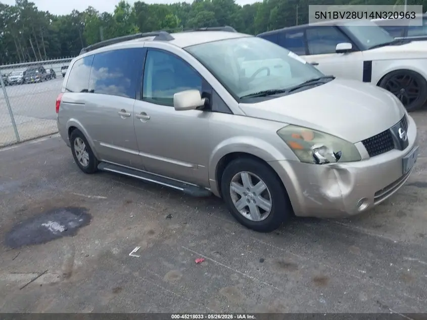 2004 Nissan Quest 3.5 Sl VIN: 5N1BV28U14N320963 Lot: 45218033