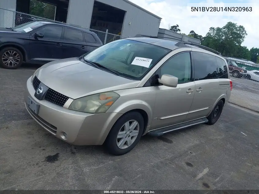 2004 Nissan Quest 3.5 Sl VIN: 5N1BV28U14N320963 Lot: 45218033