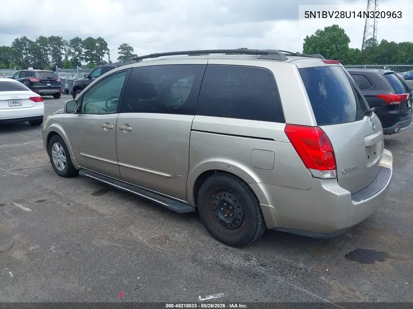 2004 Nissan Quest 3.5 Sl VIN: 5N1BV28U14N320963 Lot: 45218033