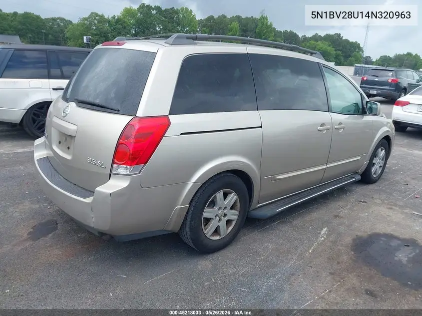 2004 Nissan Quest 3.5 Sl VIN: 5N1BV28U14N320963 Lot: 45218033