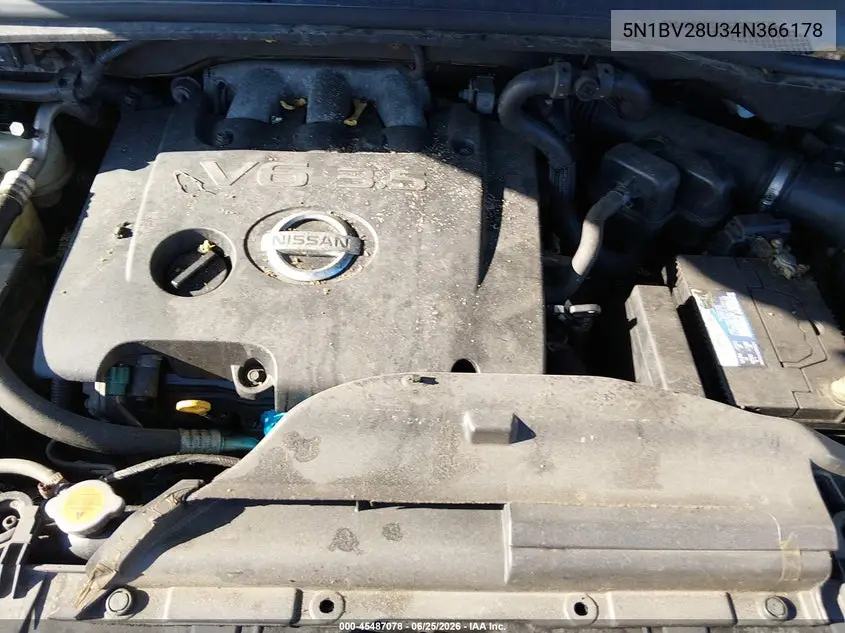 2004 Nissan Quest 3.5 Sl VIN: 5N1BV28U34N366178 Lot: 45487078