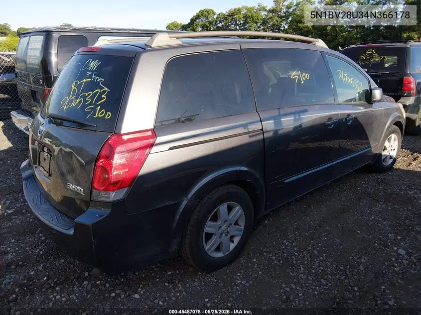 2004 Nissan Quest 3.5 Sl VIN: 5N1BV28U34N366178 Lot: 45487078