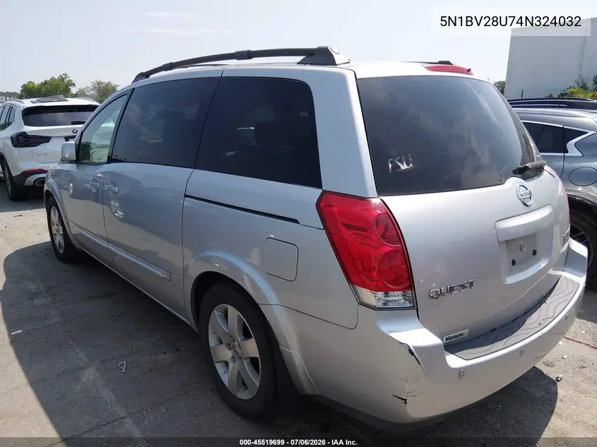 2004 Nissan Quest 3.5 Se VIN: 5N1BV28U74N324032 Lot: 45519699