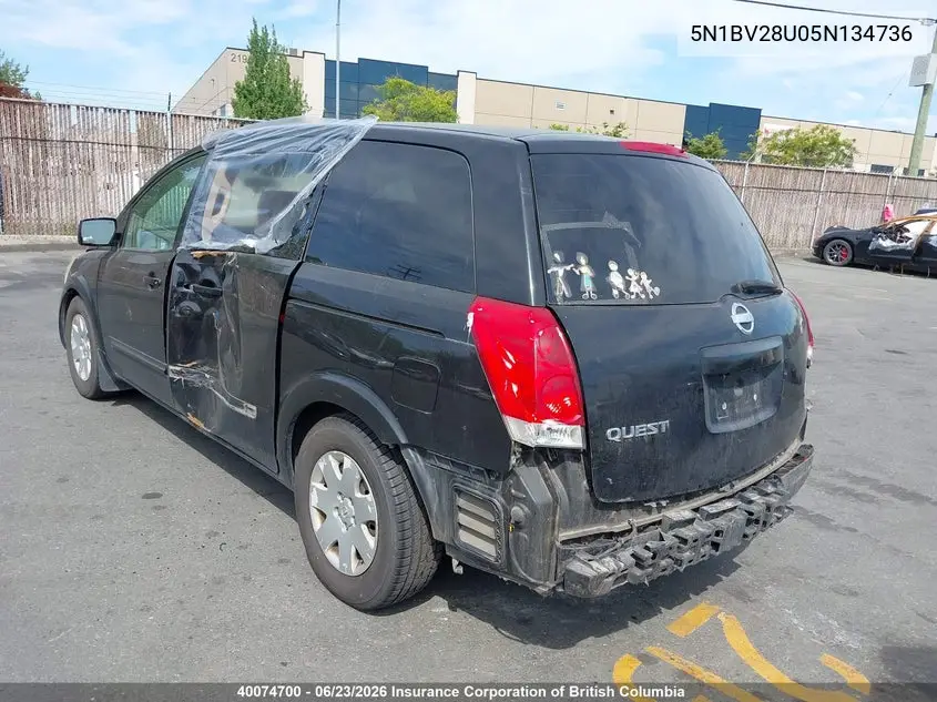 2005 Nissan Quest VIN: 5N1BV28U05N134736 Lot: 40074700