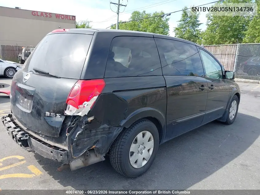 2005 Nissan Quest VIN: 5N1BV28U05N134736 Lot: 40074700