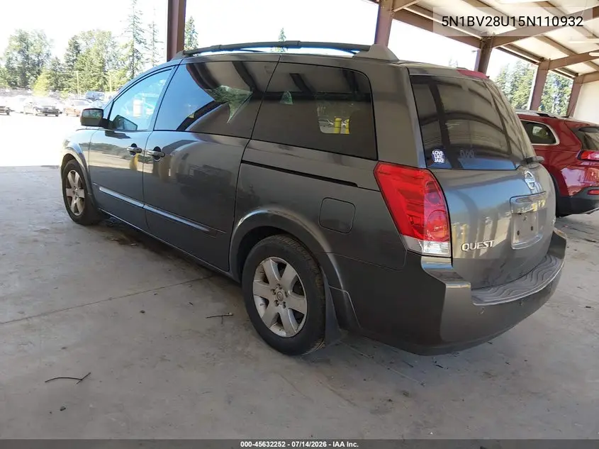 2005 Nissan Quest 3.5 Se VIN: 5N1BV28U15N110932 Lot: 45632252