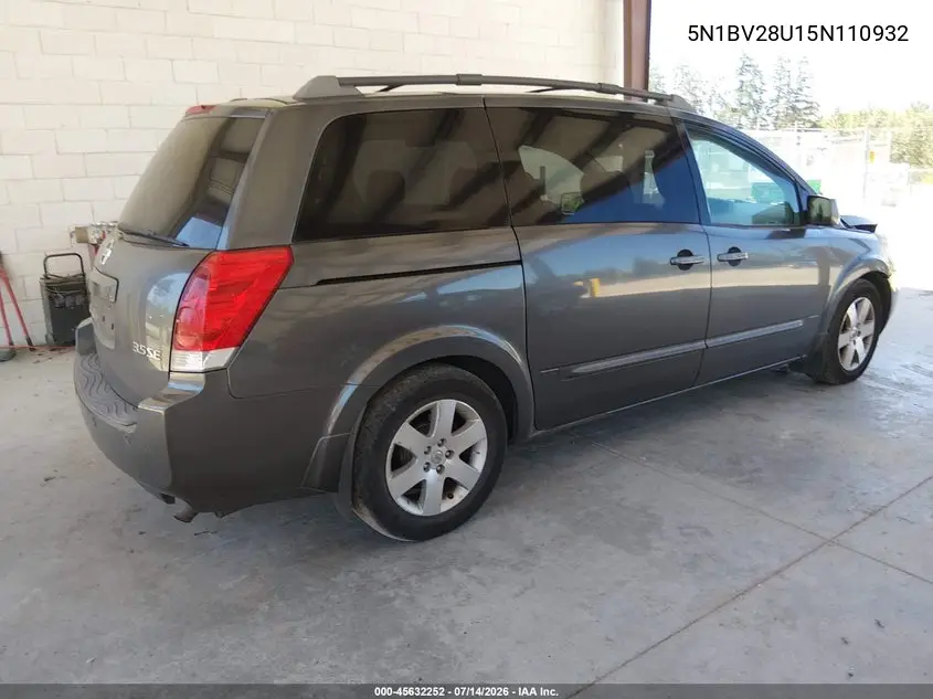 2005 Nissan Quest 3.5 Se VIN: 5N1BV28U15N110932 Lot: 45632252