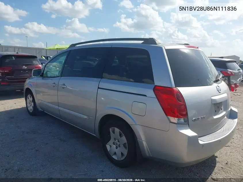 2006 Nissan Quest 3.5 S VIN: 5N1BV28U86N111836 Lot: 45520915