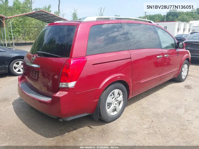2007 Nissan Quest 3.5 S VIN: 5N1BV28U77N136051 Lot: 45649310