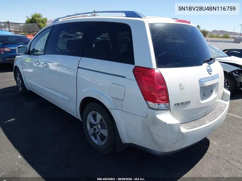 2008 Nissan Quest 3.5 VIN: 5N1BV28U48N116759 Lot: 45343941