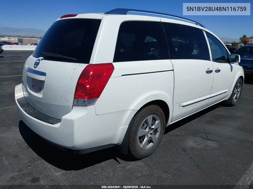 2008 Nissan Quest 3.5 VIN: 5N1BV28U48N116759 Lot: 45343941