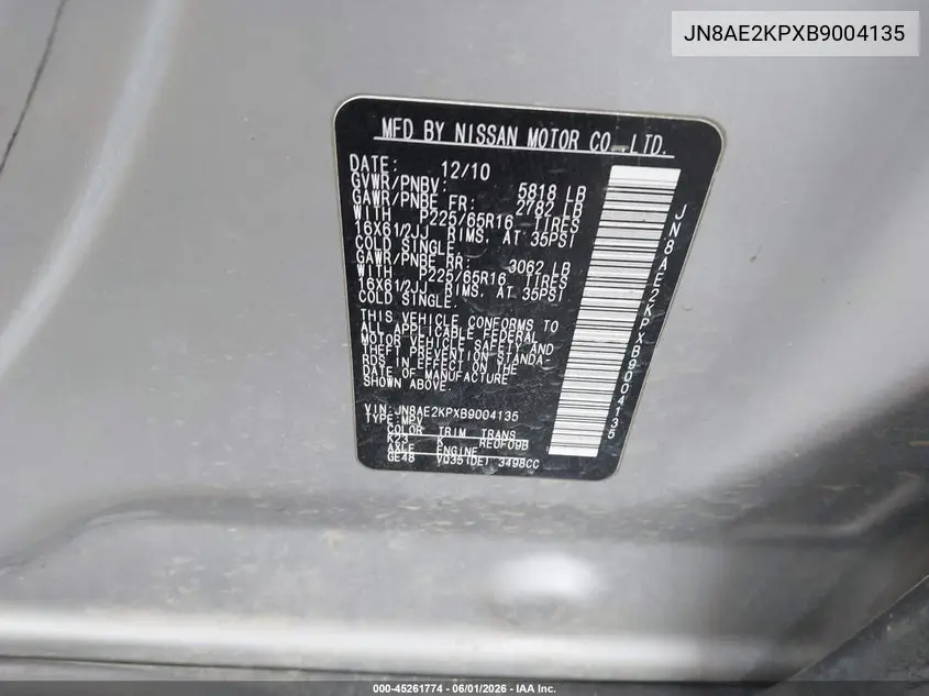 2011 Nissan Quest S VIN: JN8AE2KPXB9004135 Lot: 45261774