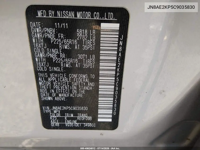 2012 Nissan Quest Sv VIN: JN8AE2KP5C9035830 Lot: 45624812