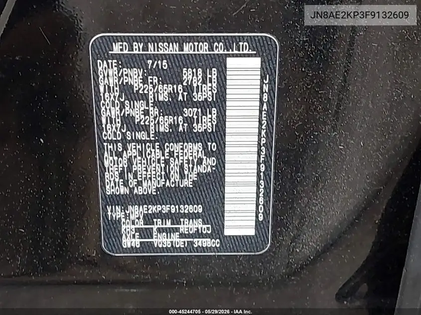 2015 Nissan Quest Platinum/S/Sl/Sv VIN: JN8AE2KP3F9132609 Lot: 45244705