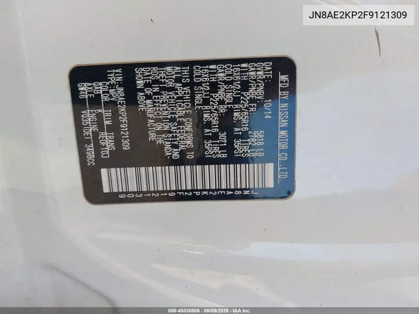 2015 Nissan Quest S VIN: JN8AE2KP2F9121309 Lot: 45330506