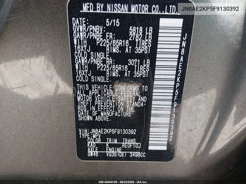 2015 Nissan Quest Platinum/S/Sl/Sv VIN: JN8AE2KP5F9130392 Lot: 45454106
