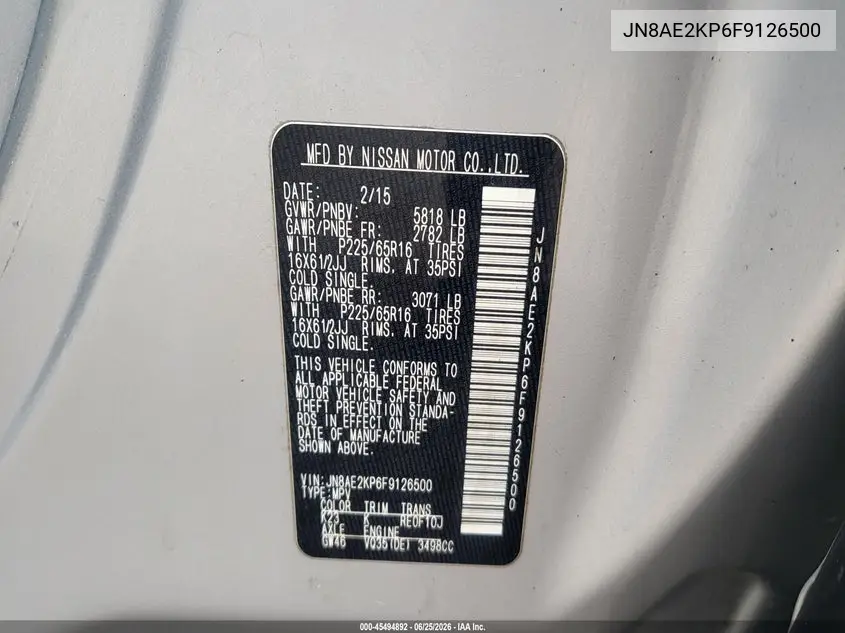 2015 Nissan Quest S VIN: JN8AE2KP6F9126500 Lot: 45494892