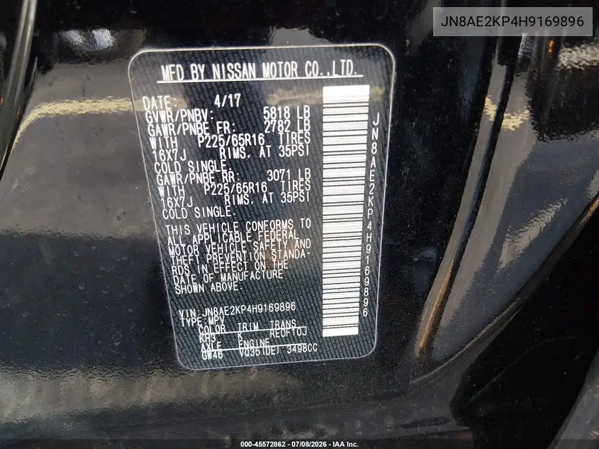 2017 Nissan Quest Sv VIN: JN8AE2KP4H9169896 Lot: 45572862