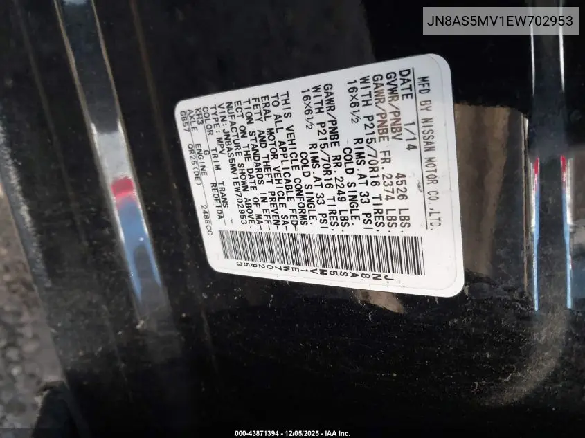 JN8AS5MV1EW702953 2014 Nissan Rogue Select S
