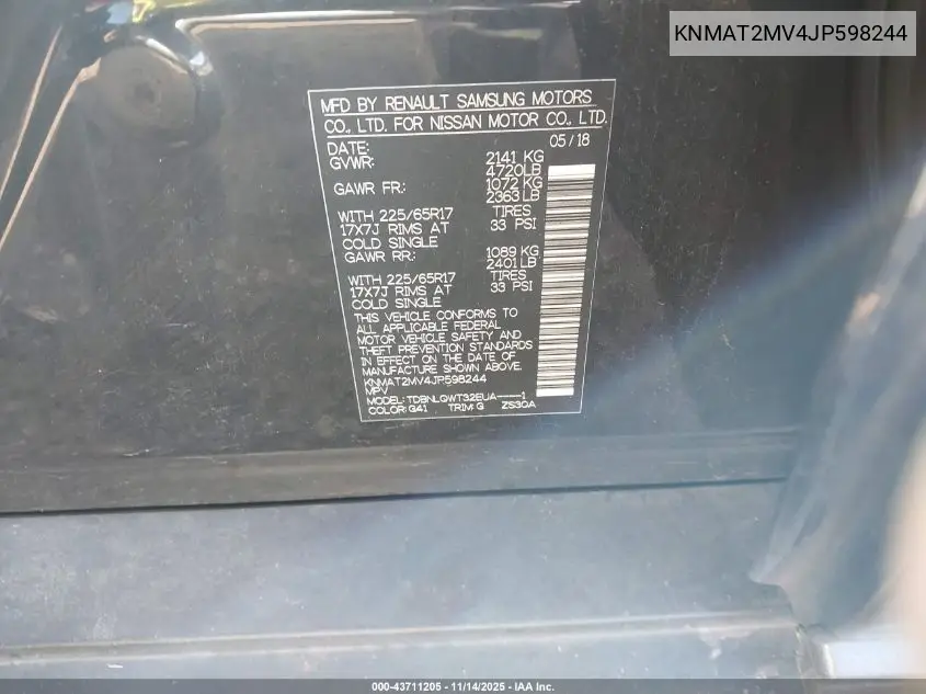 KNMAT2MV4JP598244 2018 Nissan Rogue Sv