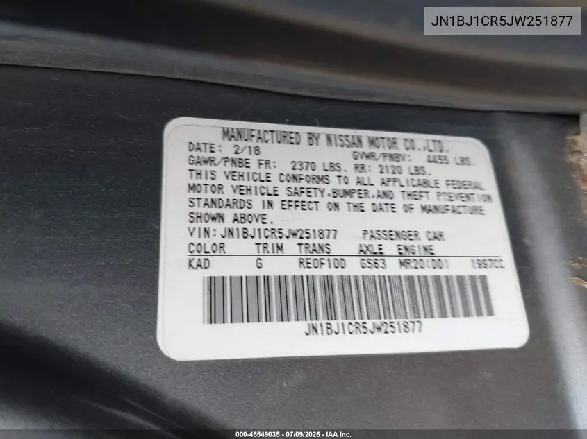2018 Nissan Rogue Sport S VIN: JN1BJ1CR5JW251877 Lot: 45549035