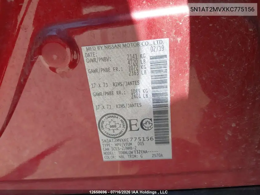 2019 Nissan Rogue S/Sl/Sv VIN: 5N1AT2MVXKC775156 Lot: 12658696x