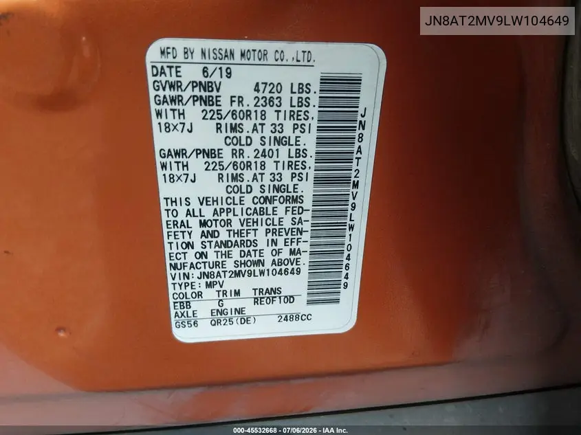 2020 Nissan Rogue Sv Intelligent Awd VIN: JN8AT2MV9LW104649 Lot: 45532668