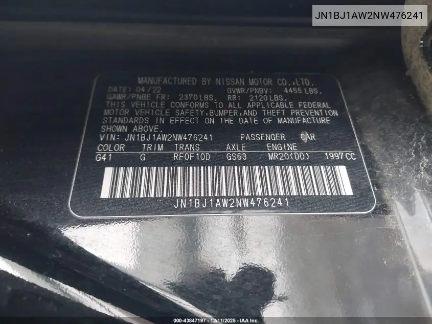 JN1BJ1AW2NW476241 2022 Nissan Rogue Sport S