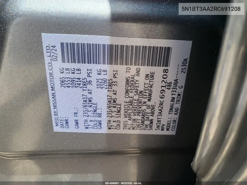 5N1BT3AA2RC691208 2024 Nissan Rogue S Fwd